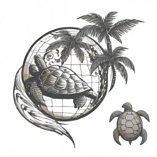 palm tree, globe, turtle swimming tattoo design idea