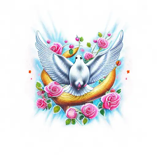 symmetrical detailed dove with rose in mouth, with flowers each side tattoo design idea