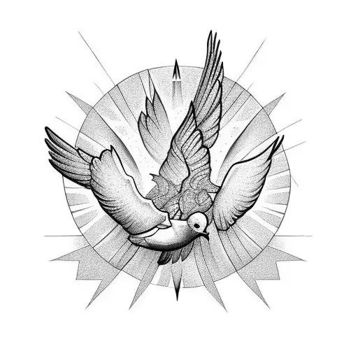 symmetrical dove with flower in mouth, wings spread. very fine details, religious feel tattoo design idea