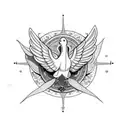 symmetrical dove with flower in mouth, wings spread. very fine details, religious feel tattoo design idea