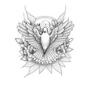 symmetrical dove with flower in mouth, wings spread. very fine details, religious feel tattoo design idea