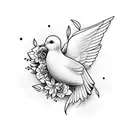 symmetrical dove with flower in mouth, wings spread. very fine details, religious feel tattoo design idea