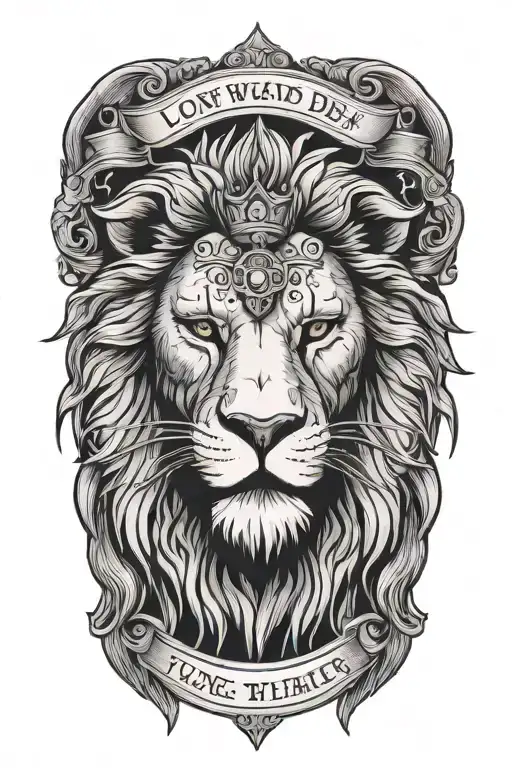 lion head with angles flying over the lion head with a bible verse that shows love and loyalty  tattoo design idea