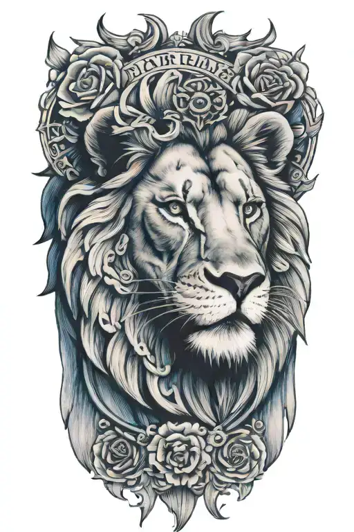 lion head with angles flying over the lion head with a bible verse that shows love and loyalty with blue roses  tattoo design idea