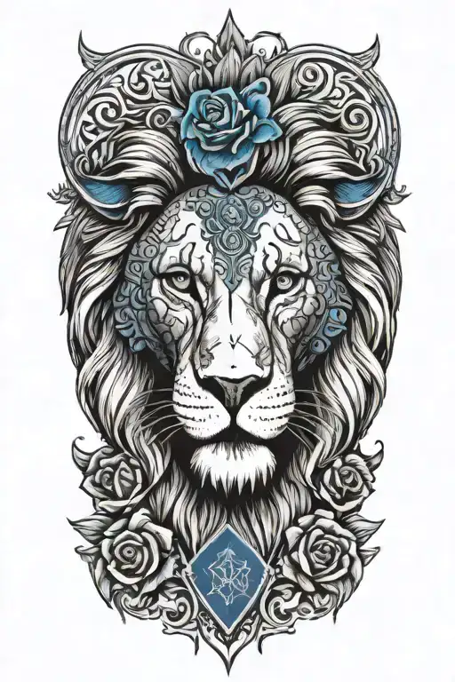 lion head with angles flying over the lion head with a bible verse that shows love and loyalty with blue roses  tattoo design idea
