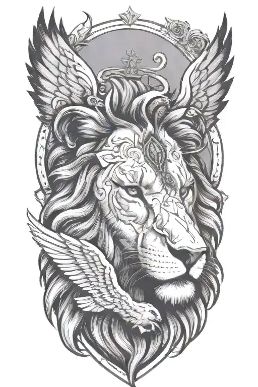 lion head with angles flying over the lion head with a bible verse that shows love and loyalty  tattoo design idea