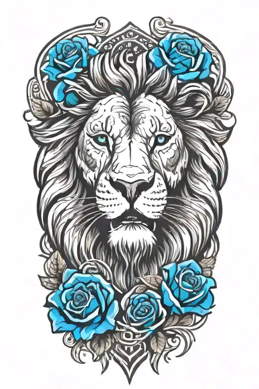 lion head with angles flying over the lion head with a bible verse that shows love and loyalty with blue roses  tattoo design idea