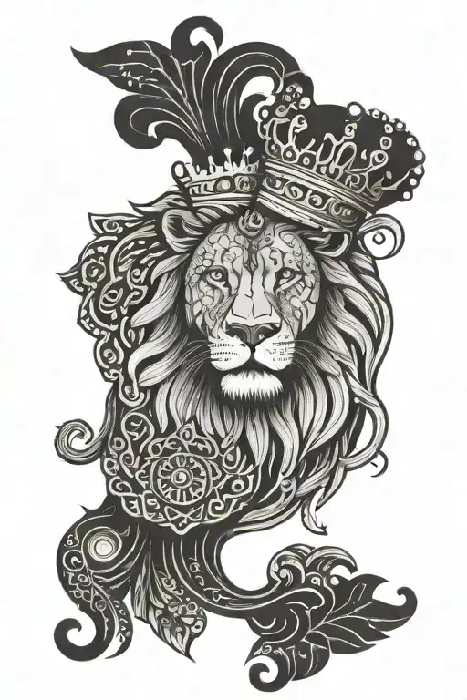 A lion with a crown symbolizing strength and leadership, surrounded by intricate geometric patterns representing the complexities of life tattoo design idea