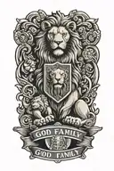A family crest design with a lion and a dog as supporters, holding stacks of money and symbols of success, with a banner that reads 'God, Family, Money' tattoo design idea