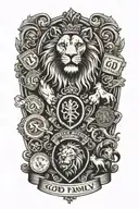 A family crest design with a lion and a dog as supporters, holding stacks of money and symbols of success, with a banner that reads 'God, Family, Money' tattoo design idea