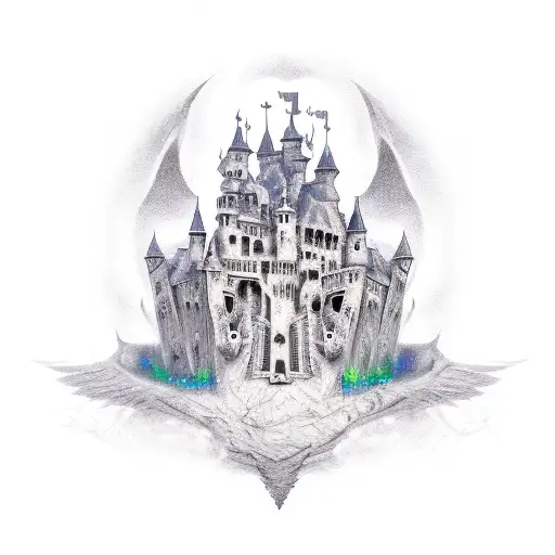 evil castl, ghosts, transparent  tattoo design idea