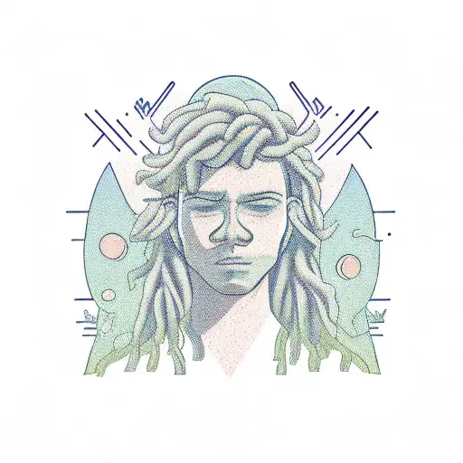 Full body of Gender neutral person with long hair. lowered head, striking a dance pose sun above them. plants at feet. tattoo design idea