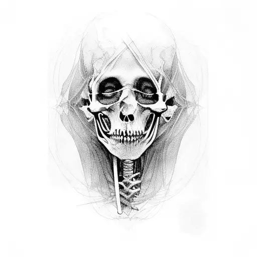A hauntingly beautiful portrait of a musician with skeletal features and a melancholic expression tattoo design idea