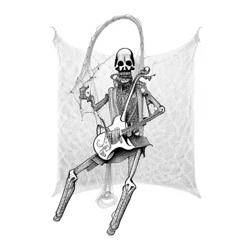 A grim reaper playing a guitar with strings made of spiderwebs tattoo design idea