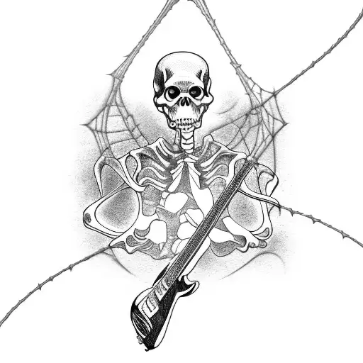 A grim reaper playing a guitar with strings made of spiderwebs tattoo design idea