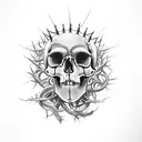 A skull wearing a crown of thorns, surrounded by musical notes forming a dark and captivating composition tattoo design idea