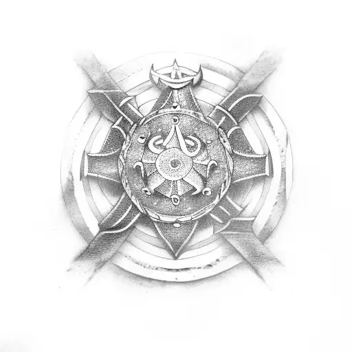 viking shield with latvian pagan pattern,swards behind,latvian monument of freedom,latvian pagan signs,oak tree.and name tattoo design idea