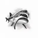 Swimmer racing against a hammerhead shark in a competition tattoo design idea