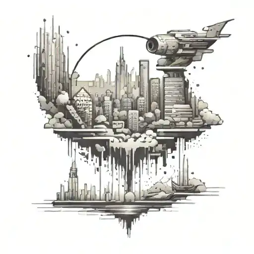 A gaming-themed tattoo featuring a pixelated city skyline with a hidden black hole somewhere in the design tattoo design idea
