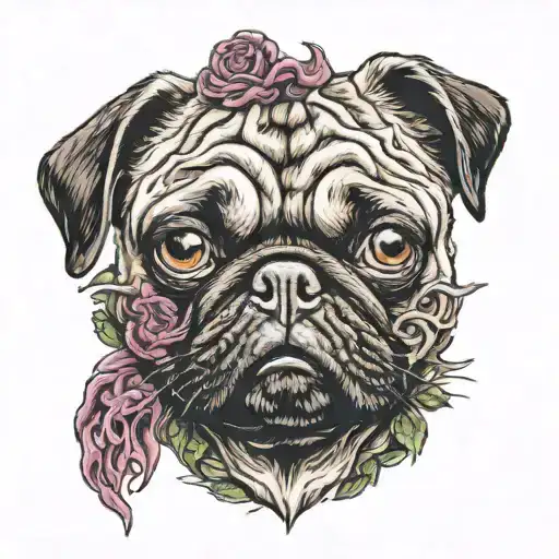 Face of zombie pug with brain inside tattoo design idea