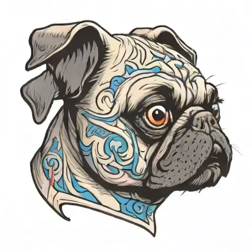 Face of zombie pug with brain inside tattoo design idea