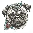 Face of zombie pug with brain inside tattoo design idea