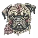 Face of zombie pug with brain inside tattoo design idea