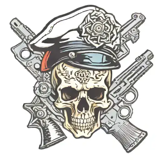skull, police hat, gun intertwined tattoo design idea