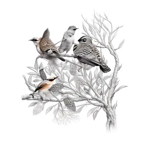 A group of diverse bird species gathered on a branch, showcasing the beauty of biodiversity tattoo design idea