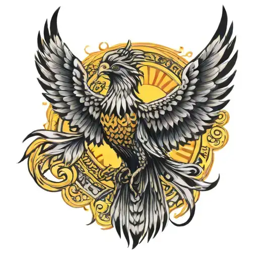 Simurgh bird and the sun with 21 fringes tattoo design idea