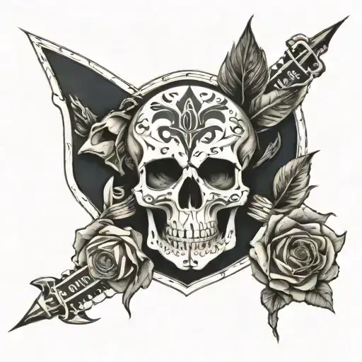 Chicano style tattoo with the words "Memento Mori", a skull and an hourglass, both surrounded by roses and thorns tattoo design idea