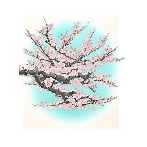 cherry blossom tree sleeve Japanese art style colored tattoo design idea