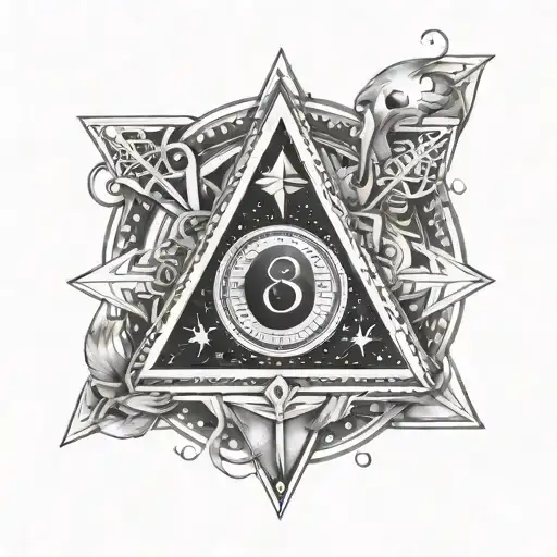 An intricate tattoo design showcasing the Virgo zodiac sign and constellation, along with symbols of protection like triangles or pyramids. Include the numbers 3, 1, and 8 in a detailed and elaborate black-grey style with shading for depth and dimension. tattoo design idea