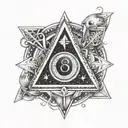 An intricate tattoo design showcasing the Virgo zodiac sign and constellation, along with symbols of protection like triangles or pyramids. Include the numbers 3, 1, and 8 in a detailed and elaborate black-grey style with shading for depth and dimension. tattoo design idea