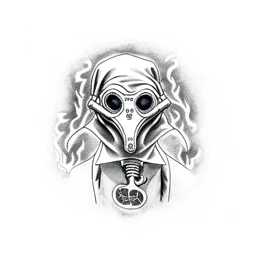 plague doctor in front of a burning house tattoo design idea