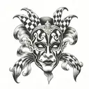 commedia dell'arte harlequin mask surrounded tattoo design idea