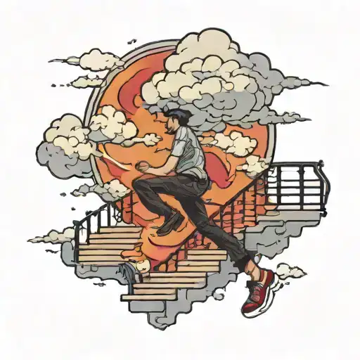 man walking up stairs defeated clouds surrounding tattoo design idea