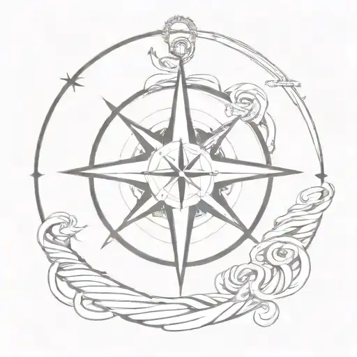 An intricate compass rose with nautical elements like anchors and ropes, surrounded by swirling waves tattoo design idea