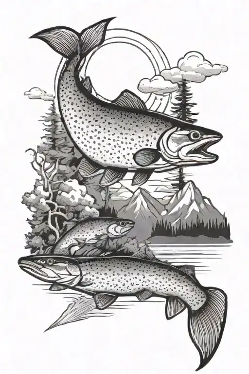 mountains, moon, trout, creek tattoo design idea
