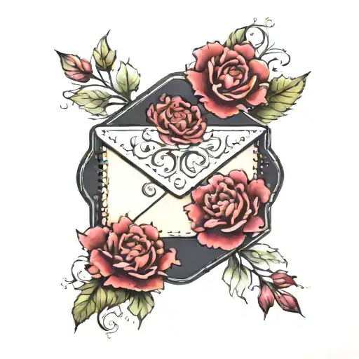 vintage envelope with garnet and carnations tattoo design idea