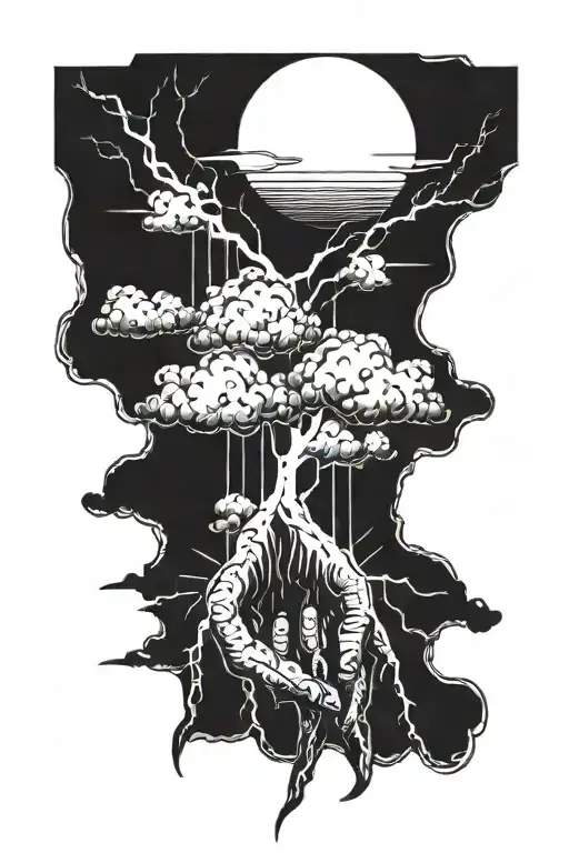 lightning storm clouds sun rays coming through with hand in middle   tattoo design idea