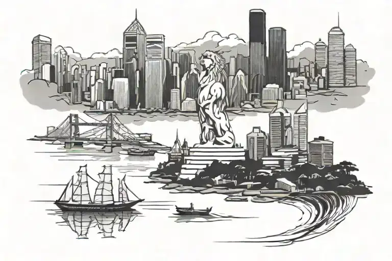 Create a tattoo (black and white). In the tattoo, I want the skyline of Hong Kong to be in it, as well as the Merlion of tattoo design idea