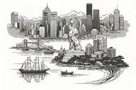 Create a tattoo (black and white). In the tattoo, I want the skyline of Hong Kong to be in it, as well as the Merlion of tattoo design idea