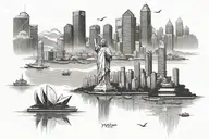 Create a tattoo (black and white). In the tattoo, I want the skyline of Hong Kong to be in it, as well as the Merlion of tattoo design idea