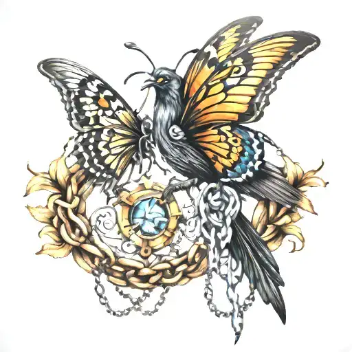 butterfly chain with crow sitting on top tattoo design idea