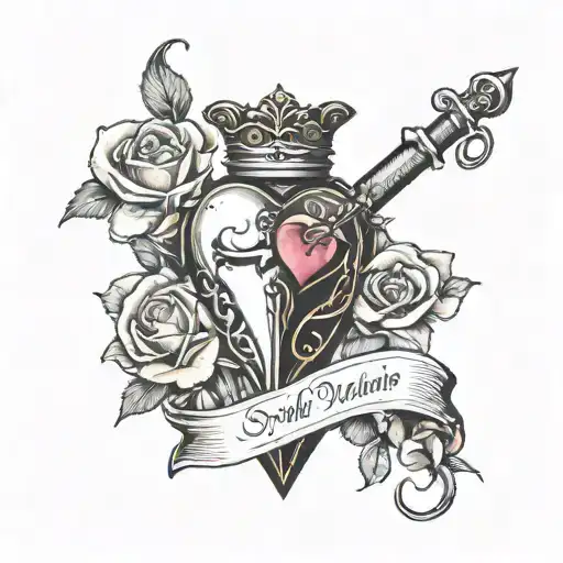 A small heart pierced by a dagger, A delicate rose beside the heart and The phrase 'I still wonder where you are'  tattoo design idea
