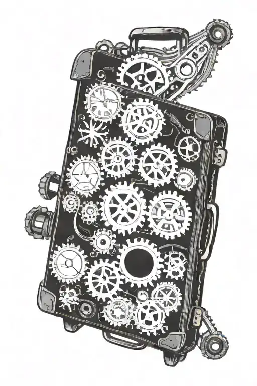 A vintage suitcase with travel stickers from different countries, incorporating engineering tools like gears and wrenches in the design, in a blackwork style tattoo design idea