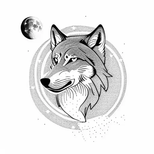 A dotwork tattoo of a wolf howling at the moon in a forest tattoo design idea