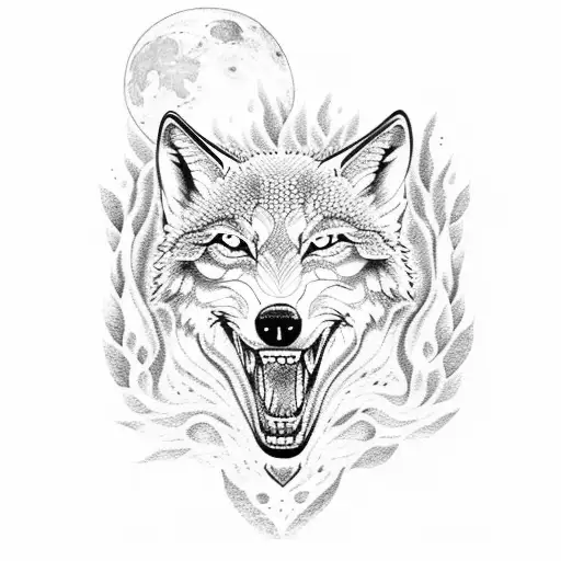 A dotwork tattoo of a wolf howling at the moon in a forest tattoo design idea