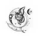 A black-grey tattoo of a celestial scene with a cat sitting on a crescent moon tattoo design idea